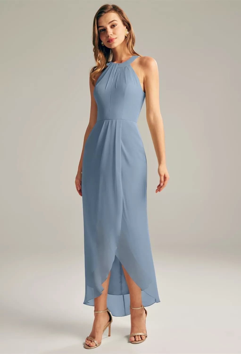 Dusty Blue Chiffon Halter Dress with Pleated Neckline — Cocktail Dresses Wedding Guest