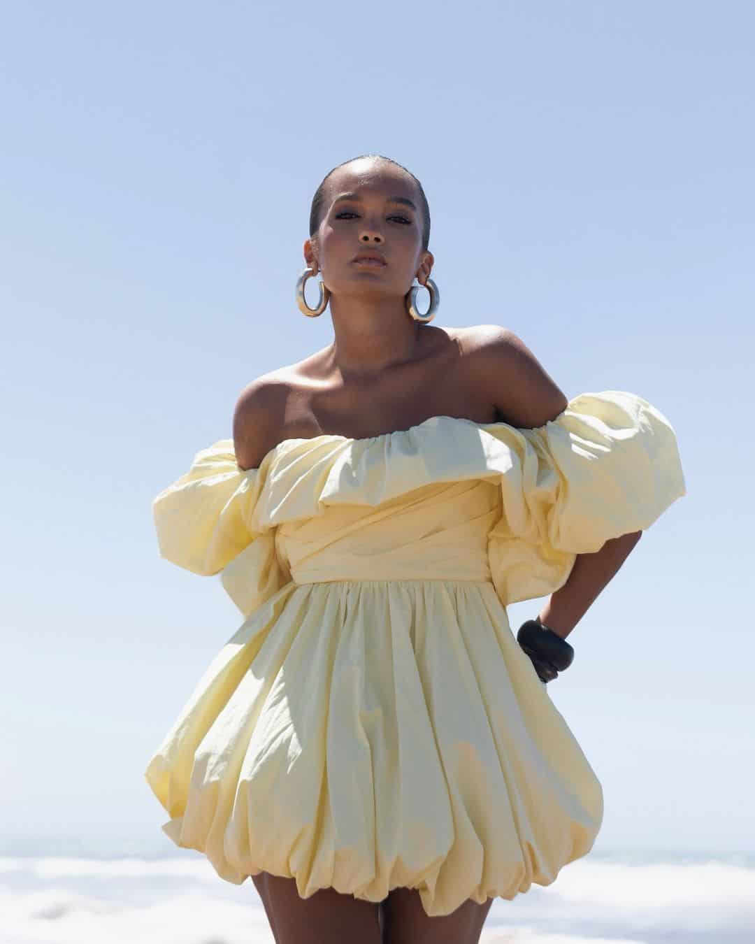 Pale Yellow Off-The-Shoulder Mini Dress with Puff Sleeves — Cocktail Dresses Wedding Guest