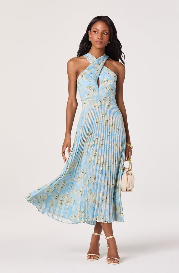 Light Blue Floral Print Pleated Halter Neck Midi Dress — Cocktail Dresses Wedding Guest