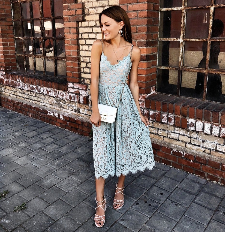 Light Blue Lace Sleeveless Midi Dress — Cocktail Dresses Wedding Guest