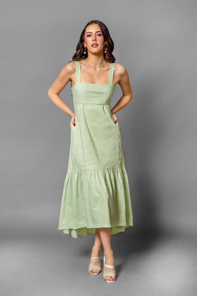 Light Green A-Line Midi Dress with Ruffled Hem — Cocktail Dresses Wedding Guest