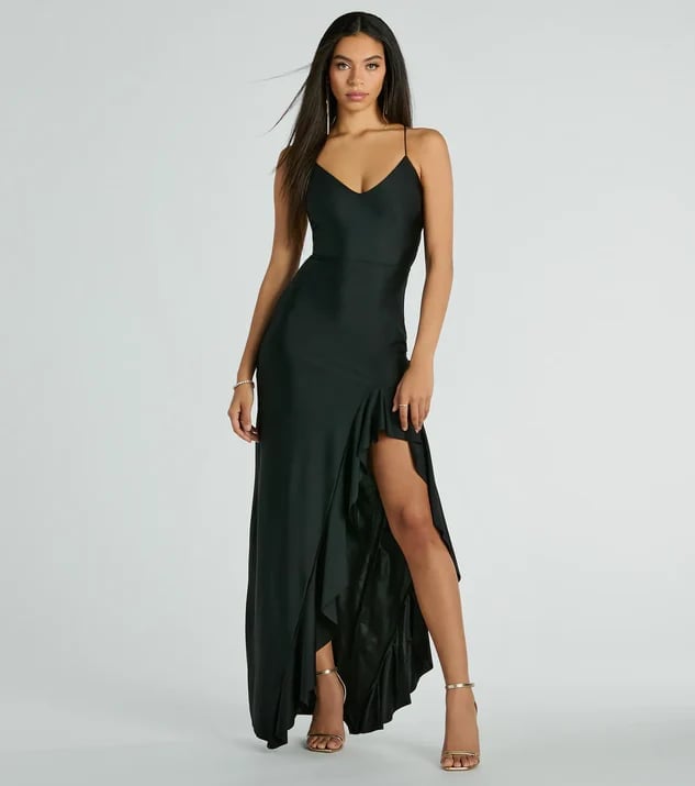Black Satin Spaghetti Strap Maxi Dress with Ruffle — Cocktail Dresses Wedding Guest