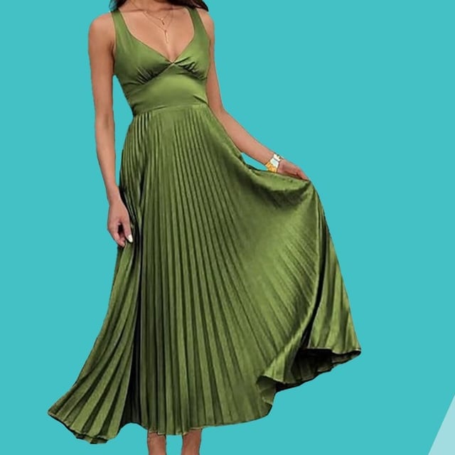 Olive Green Satin Sleeveless Dress with Pleated Skirt — Cocktail Dresses Wedding Guest