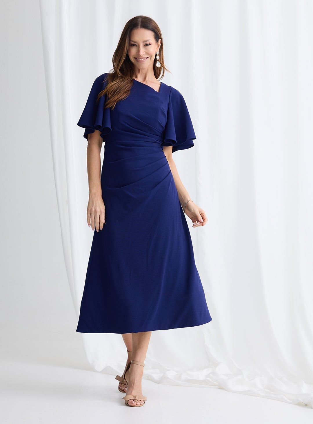 Royal Blue Ruched Midi Dress with Flutter Sleeves — Cocktail Dresses Wedding Guest