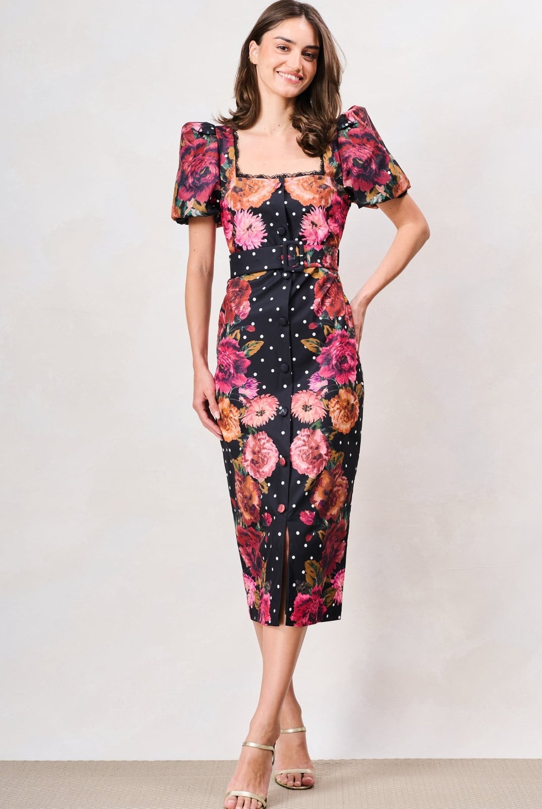 Fitted Floral Print Midi Dress with Puff Sleeves — Cocktail Dresses Wedding Guest