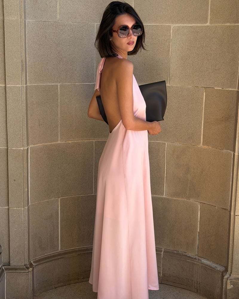 Pale Pink Silk Halter Neck Maxi Dress with Open Back — Cocktail Dresses Wedding Guest
