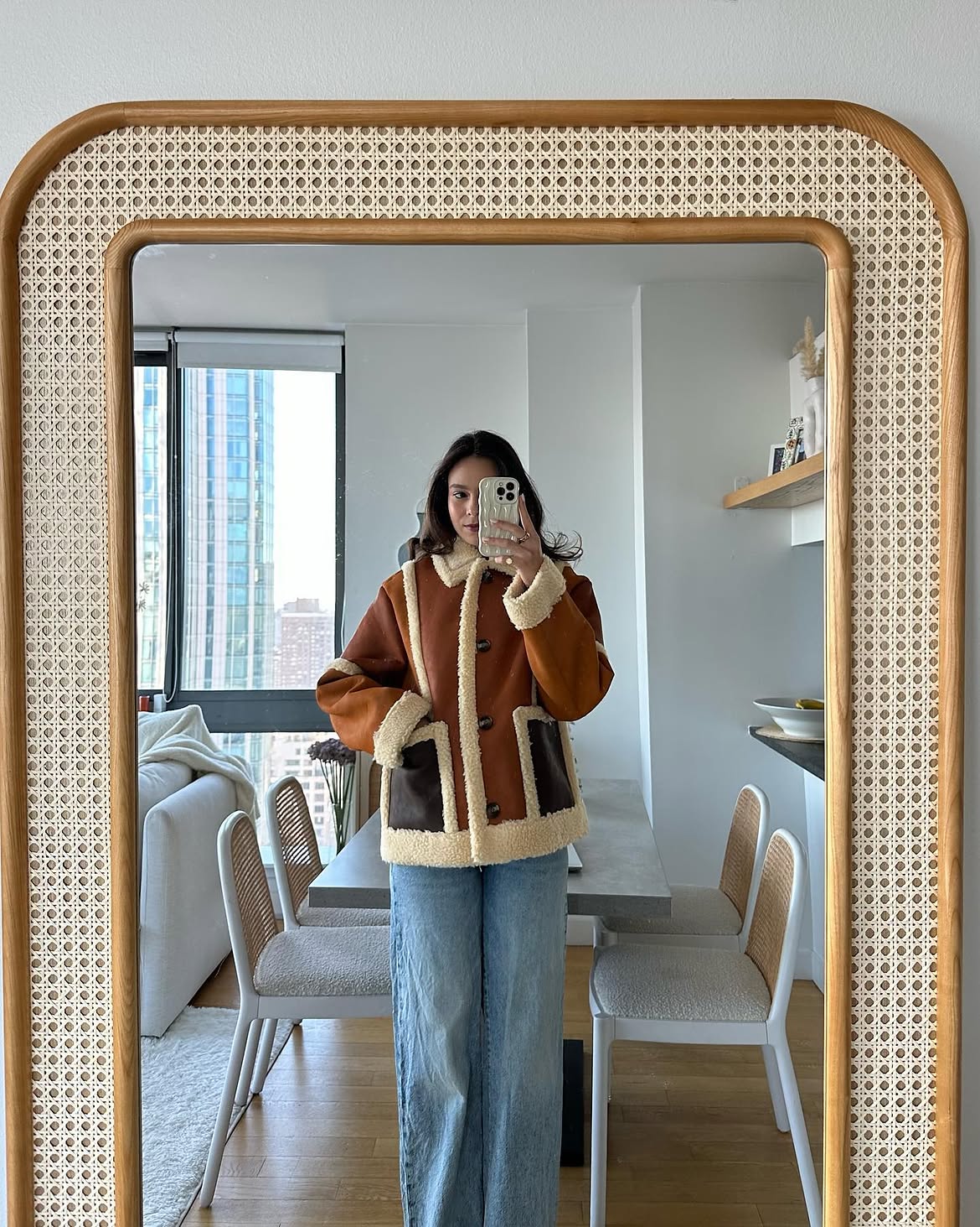Color Block Shearling Jacket With Straight Leg Jeans