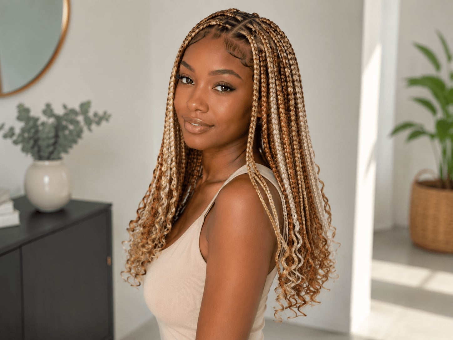 Mid-Back Box Braids With Blonde and Brown Color Contrast Mid-Back Box Braids With Blonde and Brown Color Contrast — Color Braids