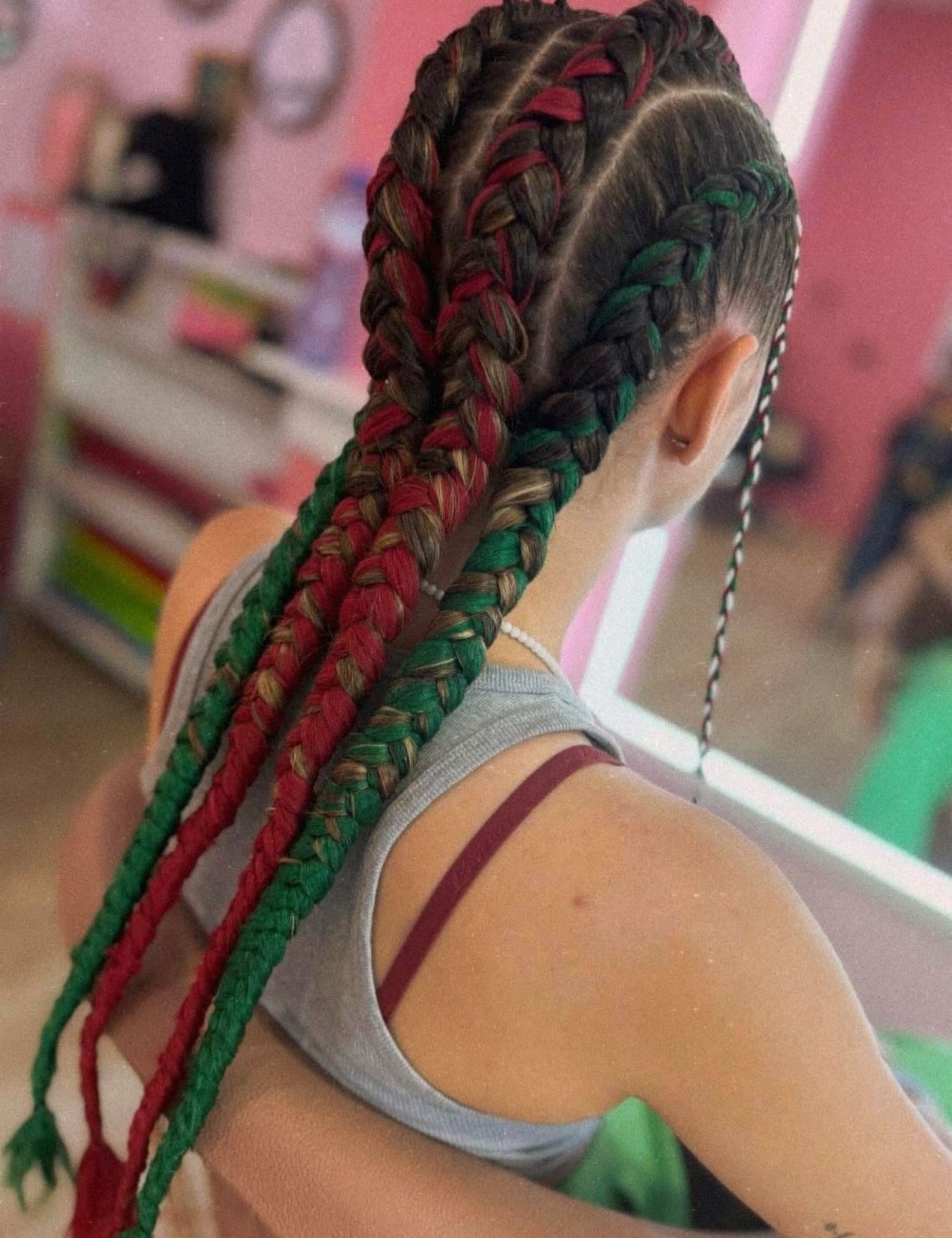 Mid-Back Box Braids With Red and Green Extensions Mid-Back Box Braids With Red and Green Extensions — Color Braids