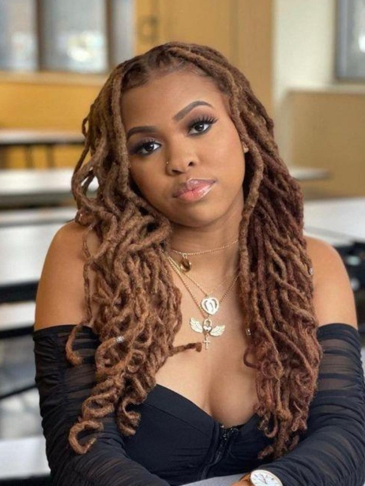 Caramel Brown Loose Mid-Back Locs Caramel Brown Loose Mid-Back Locs — Color Locs