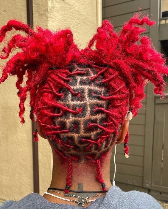 Vibrant Red Shoulder Length Updo Vibrant Red Shoulder Length Updo — Color Locs