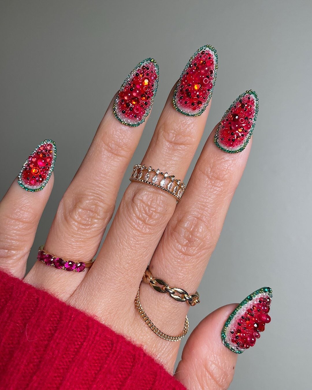 Watermelon Slice Long Pointed Oval Nails Watermelon Slice Long Pointed Oval Nails — Colorful Nails