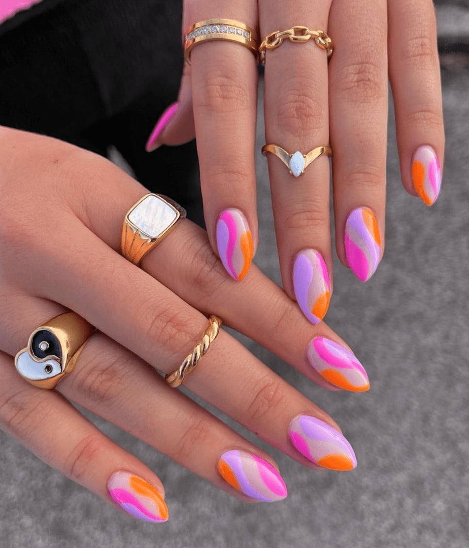 Bold Swirls Medium Almond Nails Bold Swirls Medium Almond Nails — Colorful Nails