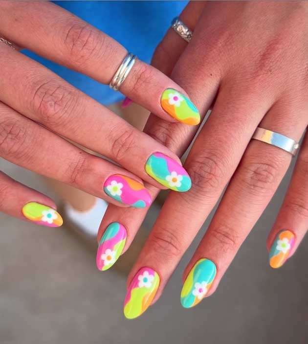 Abstract Swirls with Flowers Medium Almond Nails Abstract Swirls with Flowers Medium Almond Nails — Colorful Nails
