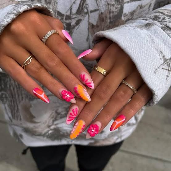 Gradient Floral Medium Almond Nails Gradient Floral Medium Almond Nails — Colorful Nails