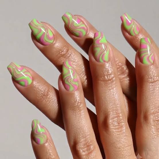 Neon Swirl Medium Coffin Nails Neon Swirl Medium Coffin Nails — Colorful Nails