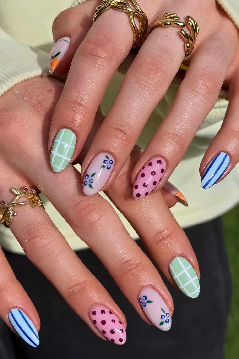Playful Patterns Short Almond Nails Playful Patterns Short Almond Nails — Colorful Nails