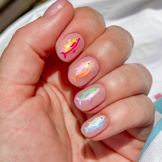 Cartoon Fish Medium Oval Nails Cartoon Fish Medium Oval Nails — Colorful Nails