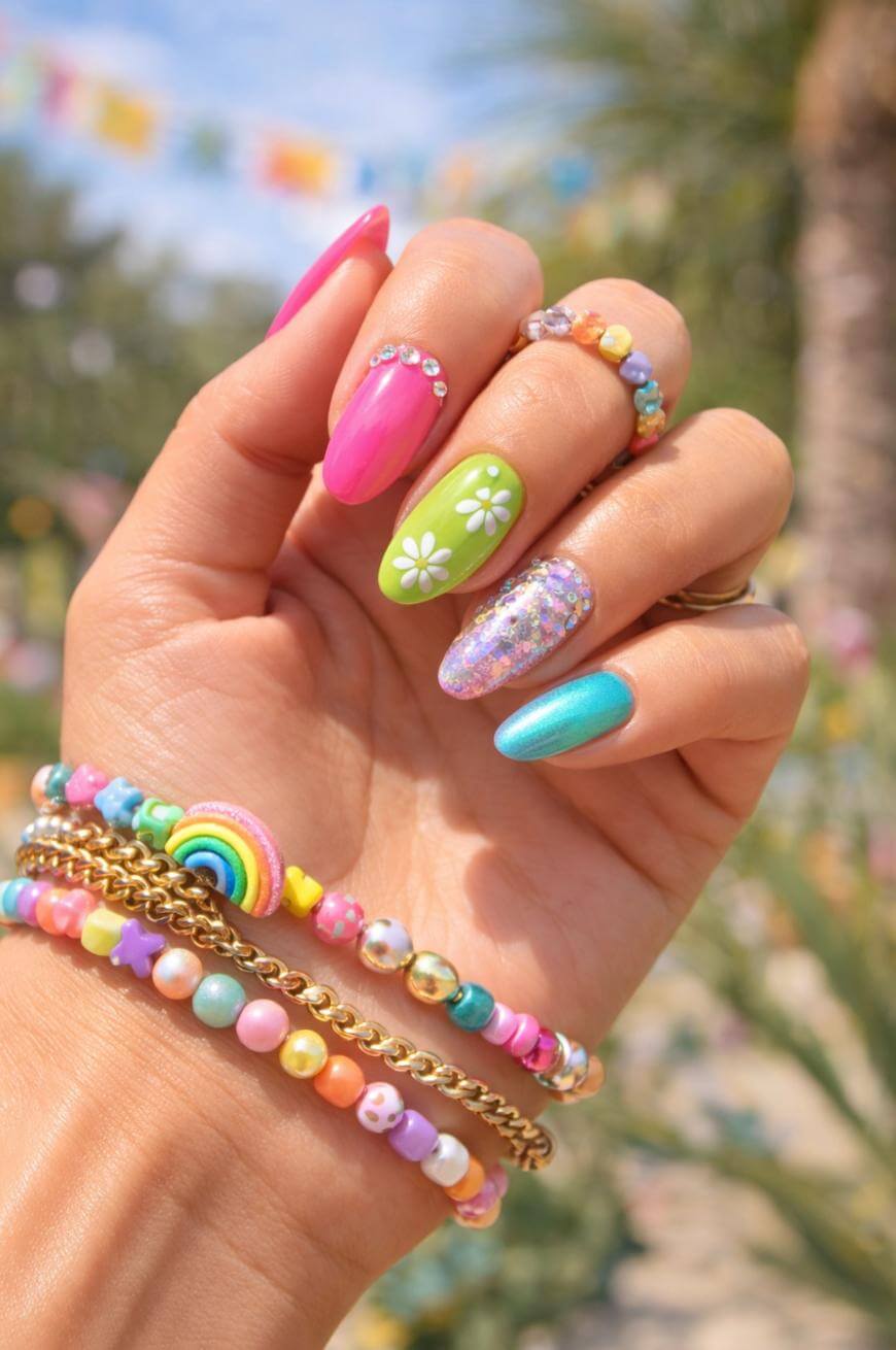 Festive Glitter and Rhinestone Medium Oval Nails Festive Glitter and Rhinestone Medium Oval Nails — Colorful Nails