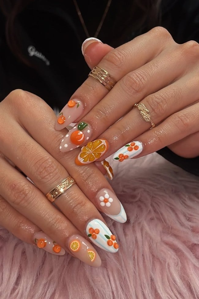 3D Summer Fruit Long Stiletto Nails 3D Summer Fruit Long Stiletto Nails — Colorful Nails