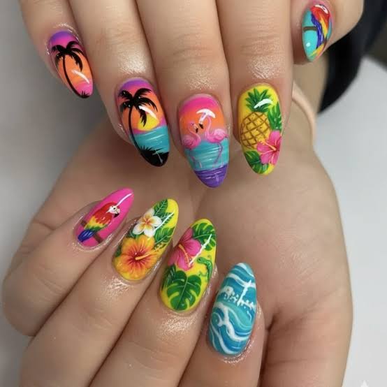 Tropical Scene Long Almond Nails Tropical Scene Long Almond Nails — Colorful Nails