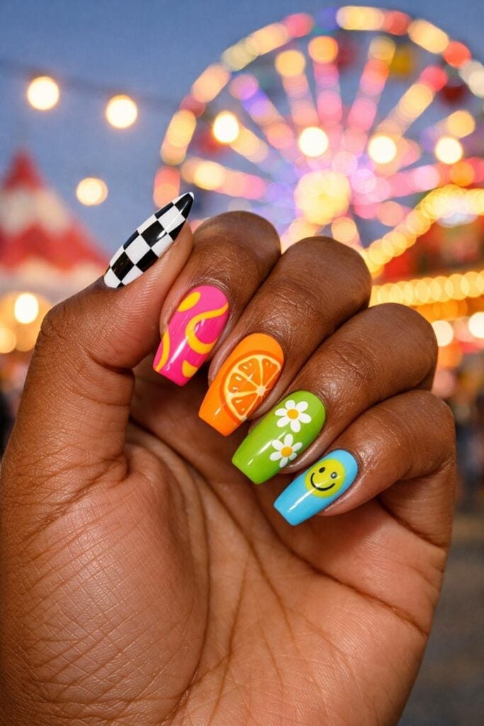 Retro Graphics Long Coffin Nails Retro Graphics Long Coffin Nails — Colorful Nails