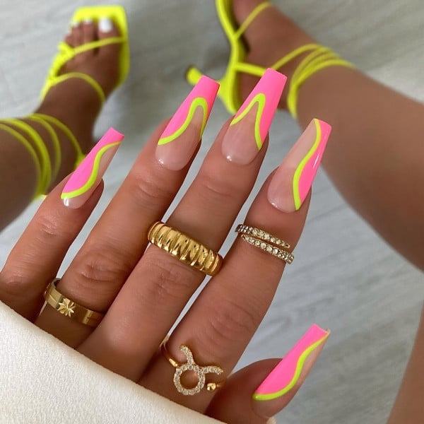 Neon Wavy Lines Soft Square Nails Neon Wavy Lines Soft Square Nails — Colorful Nails