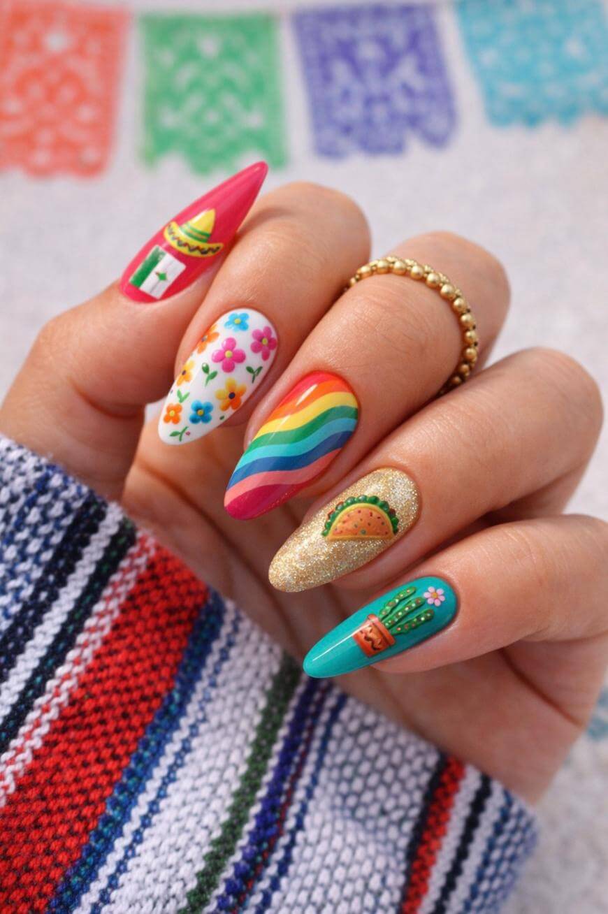 Cinco De Mayo Themed Medium Stiletto Nails Cinco De Mayo Themed Medium Stiletto Nails — Colorful Nails
