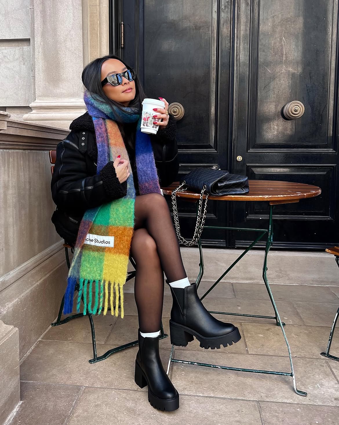 Colorful Plaid Scarf And Black Shearling Jacket