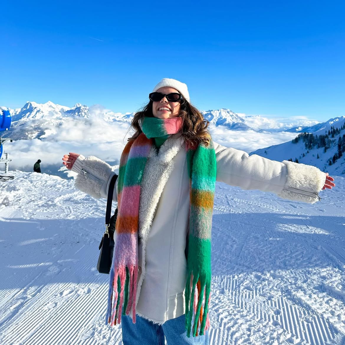 Colorful Striped Scarf And Shearling Coat Alpine Look