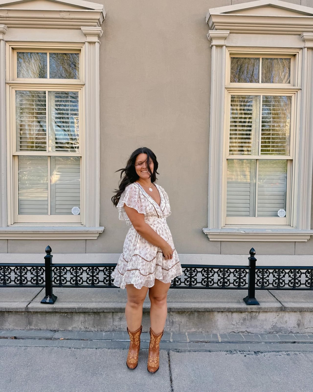 Cream Floral Print Mini Dress with Floral Cowboy Boots — Concert Outfits