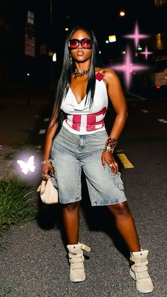 Striped Cowl Neck Top with Denim Cargo Shorts and Platform Boots — Concert Outfits