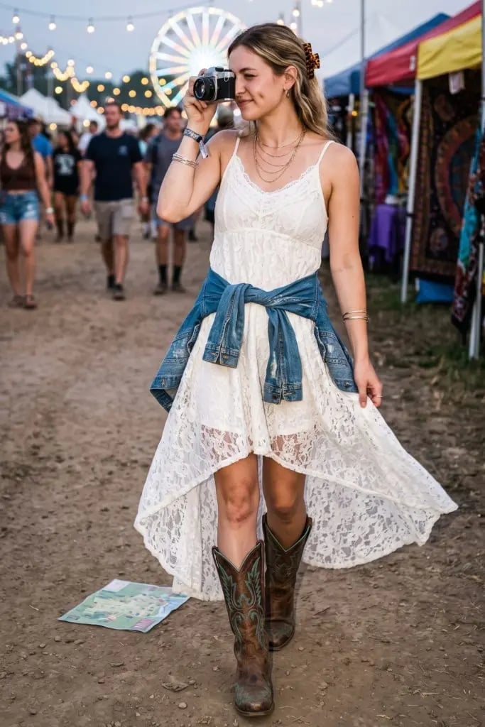 White Lace Dress with Denim Jacket and Cowboy Boots — Concert Outfits