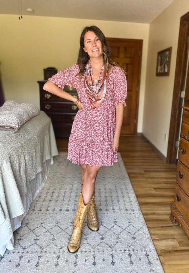 Pink Floral Print Dress with Gold Cowboy Boots, Cotton — Concert Outfits