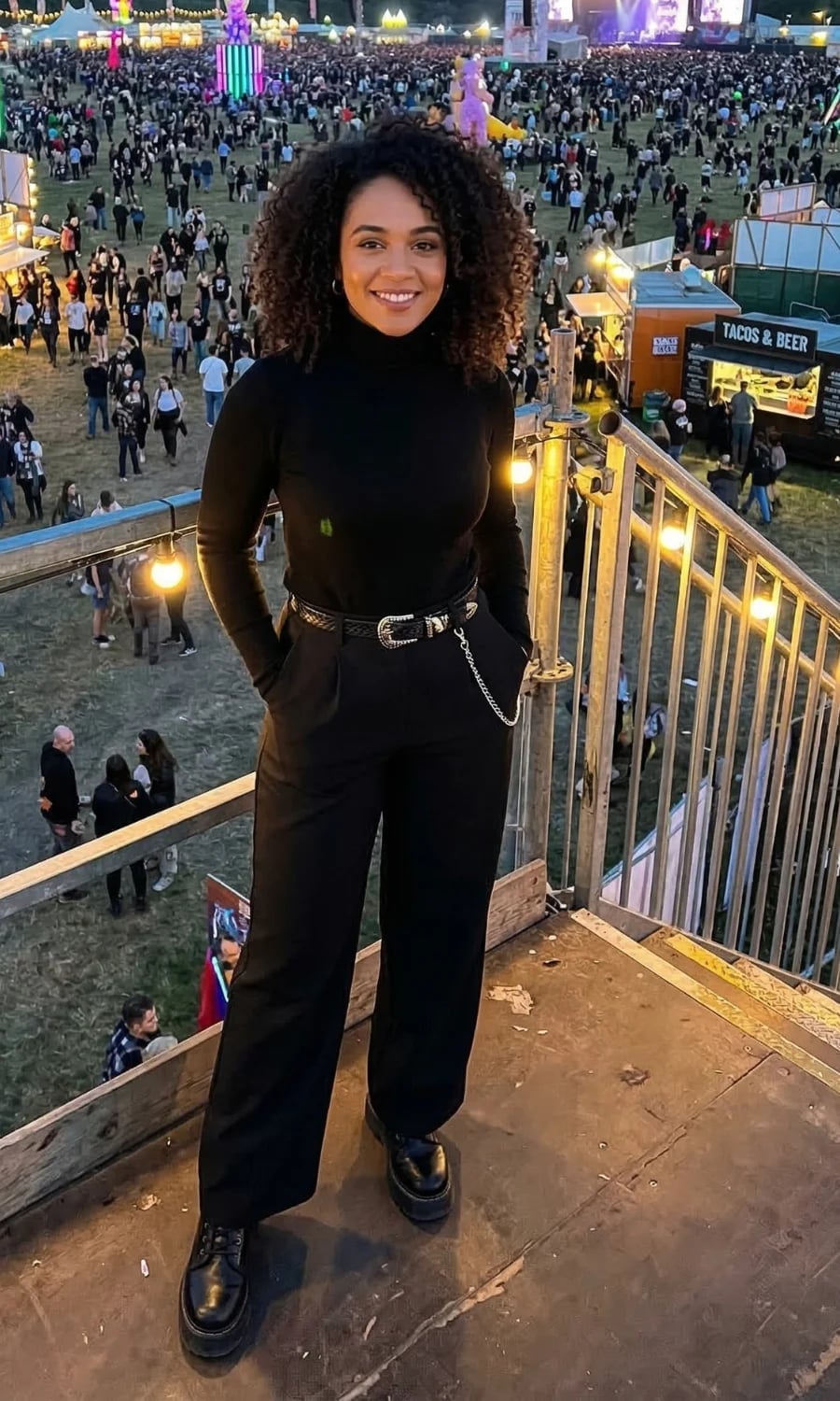 Black Turtleneck and Wide-Leg Trousers with Chain, Office-Safe Version — Concert Outfits