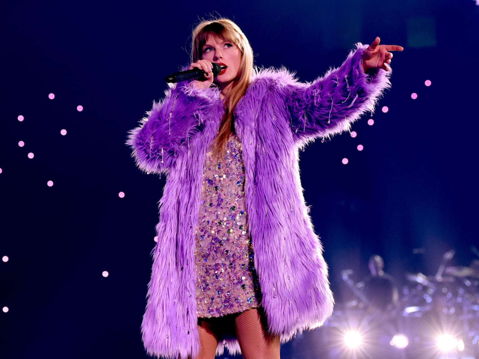 Sequin Mini Dress Under a Purple Faux Fur Coat — Concert Outfits