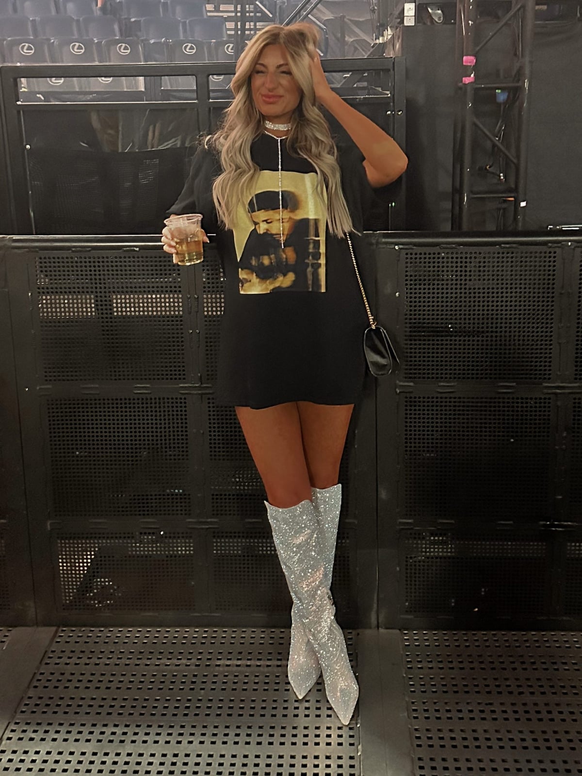 Oversized Graphic T-Shirt Dress with Sparkly Boots — Concert Outfits