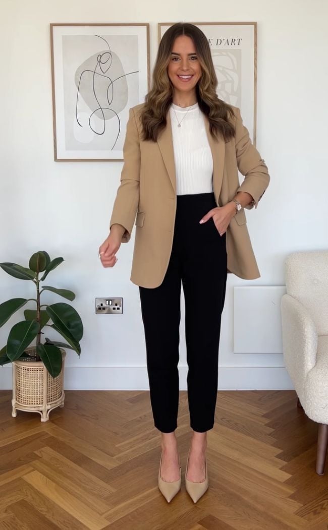 Camel Blazer Over White Knit Top and Black Trousers — Conference Outfits
