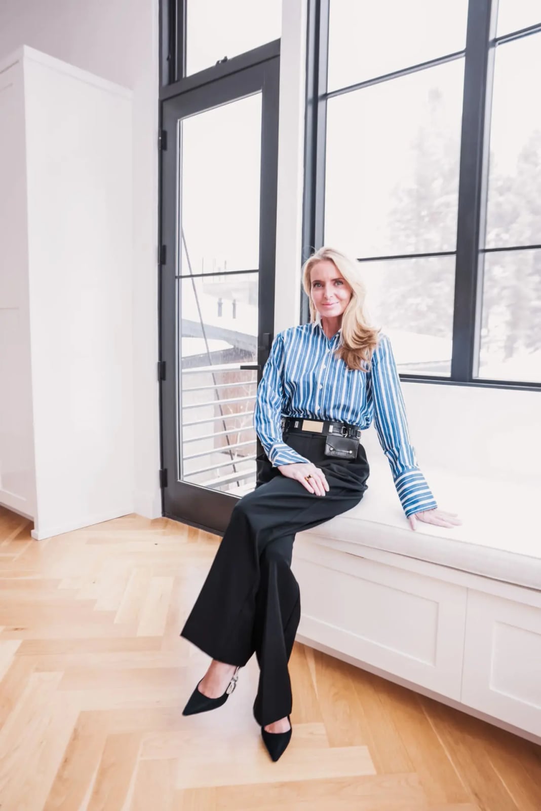 Blue and White Striped Button-Down Shirt with Black Trousers — Conference Outfits