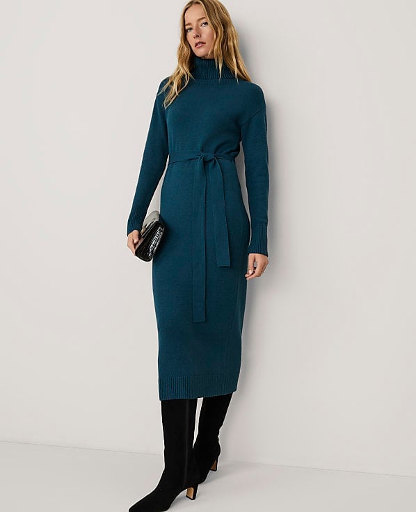 Teal Knit Turtleneck Midi Dress — Conference Outfits