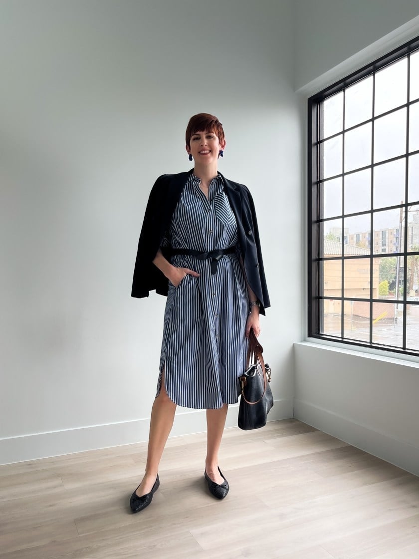 Navy and White Striped Shirt Dress with Black Blazer — Conference Outfits