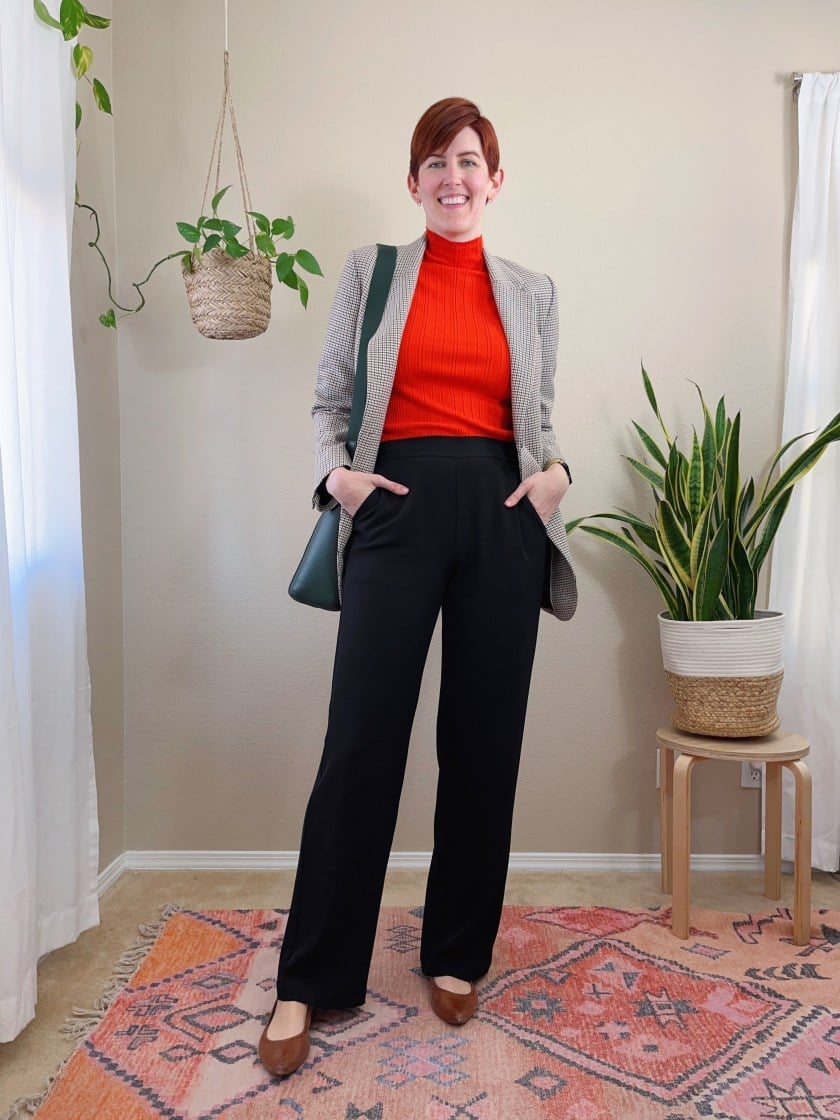 Gray Houndstooth Blazer with Orange Turtleneck — Conference Outfits