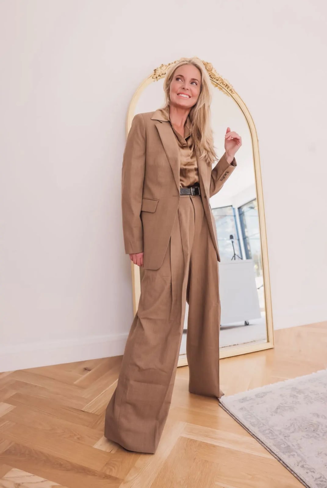 Oversized Camel Suit Jacket with Satin Blouse — Conference Outfits
