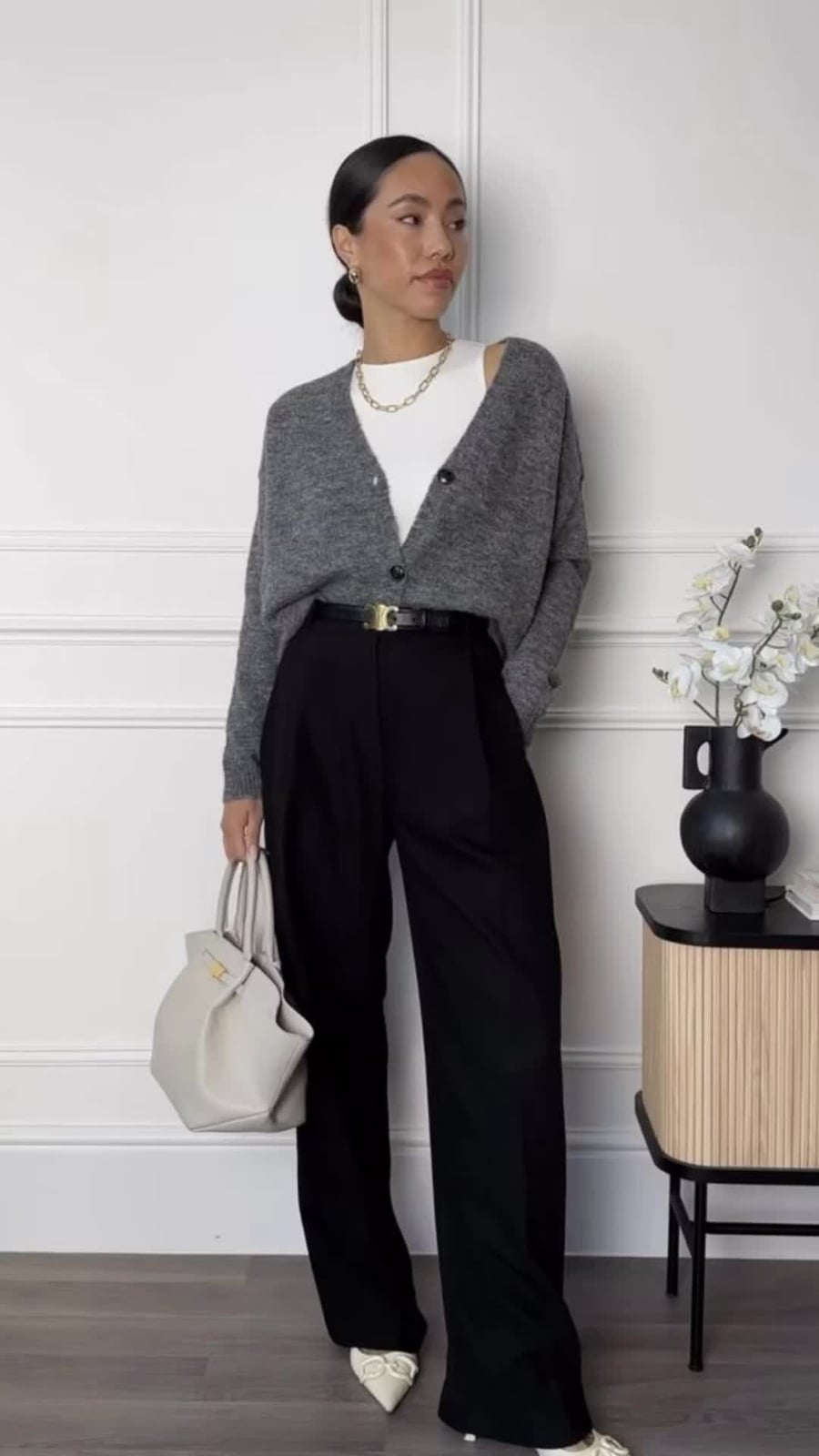 Gray Knit Cardigan Over White Tank and Black Trousers — Conference Outfits