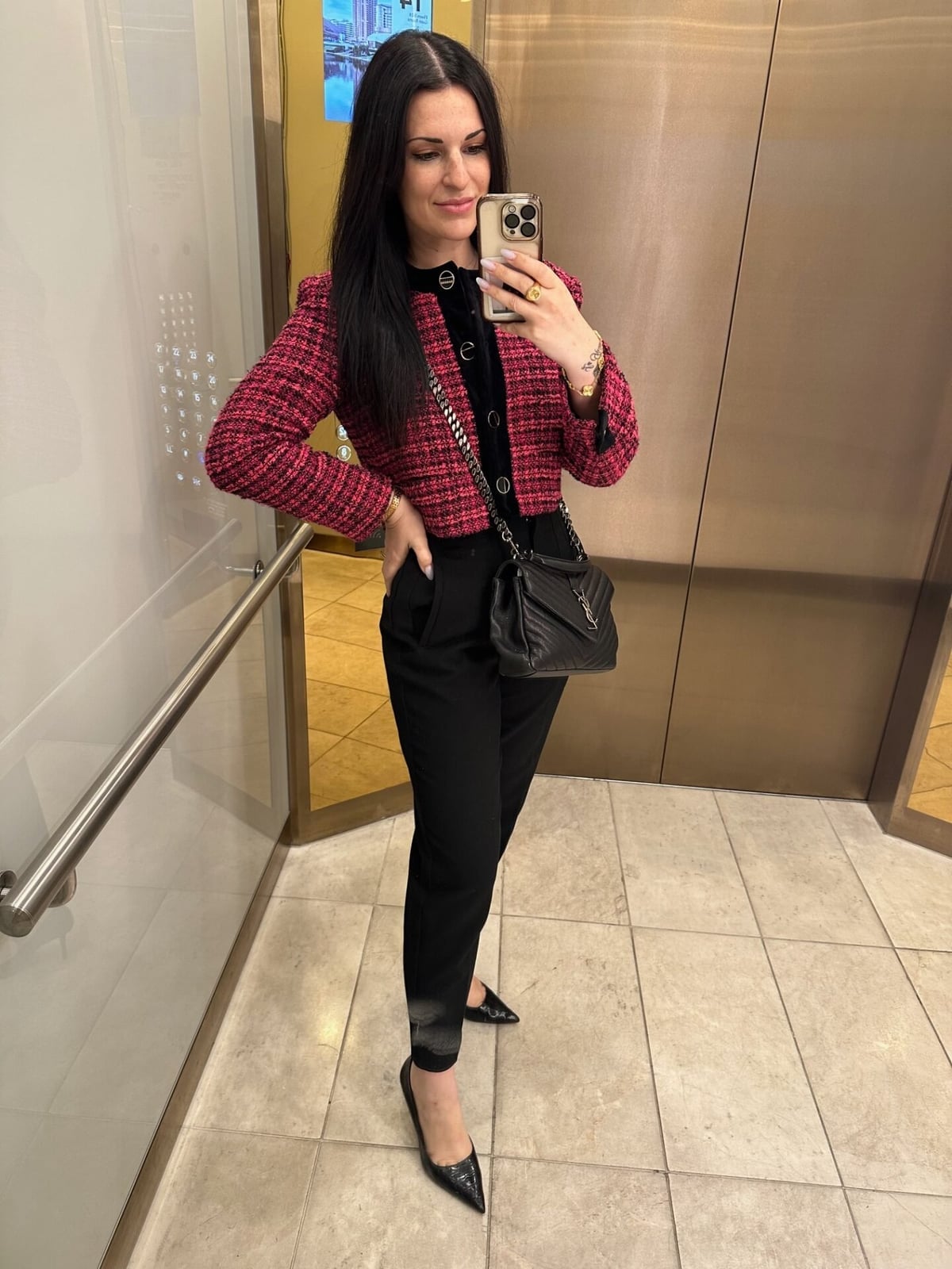 Pink Tweed Cropped Jacket with Velvet Top — Conference Outfits