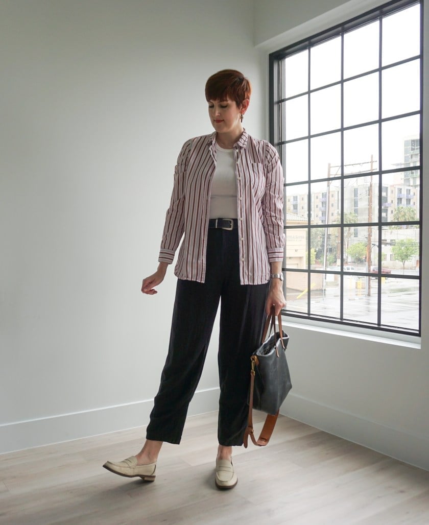 Pink Striped Shirt with Gray Trousers and Loafers — Conference Outfits