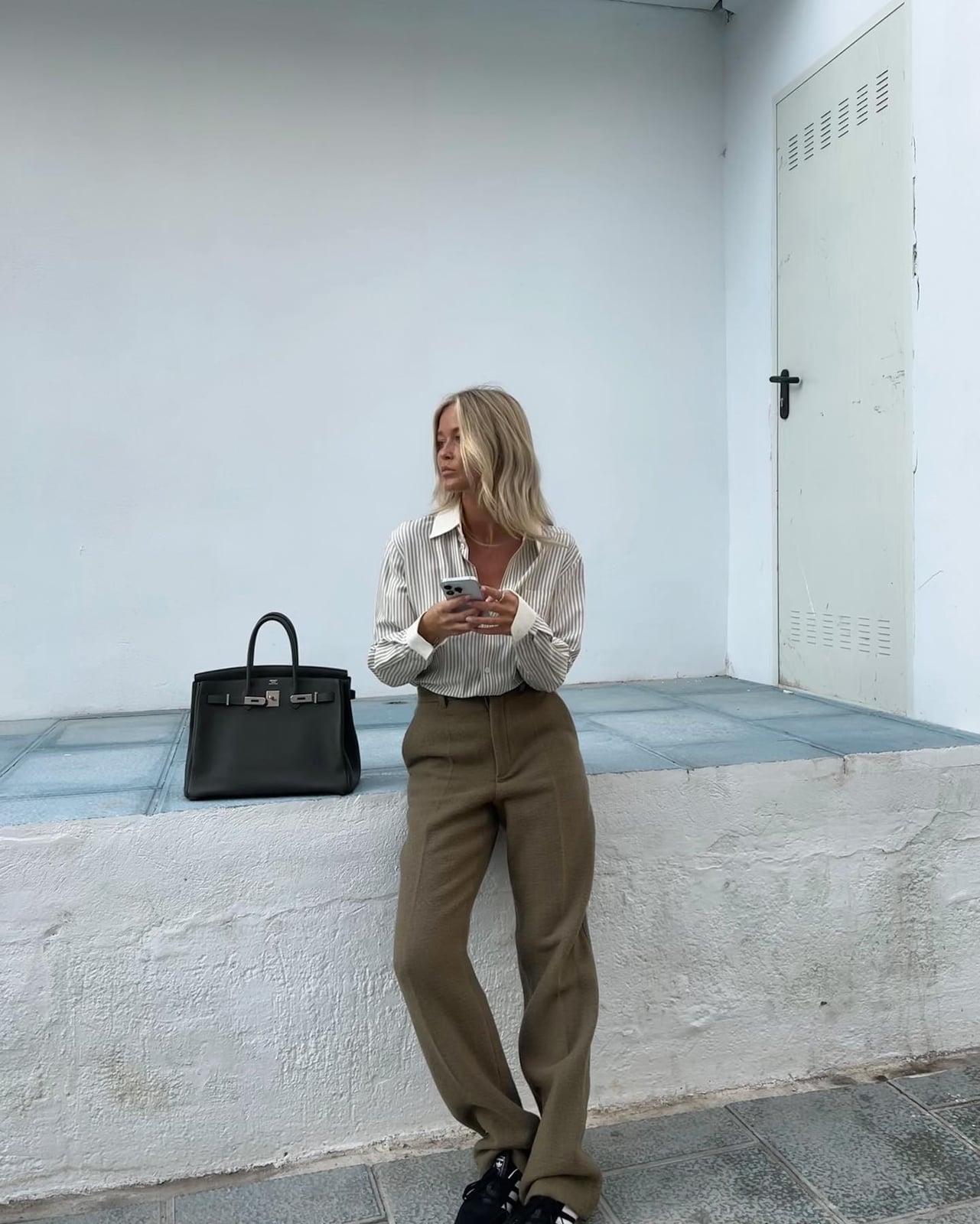 Olive Green Trousers with Striped Button-Down Shirt — Conference Outfits