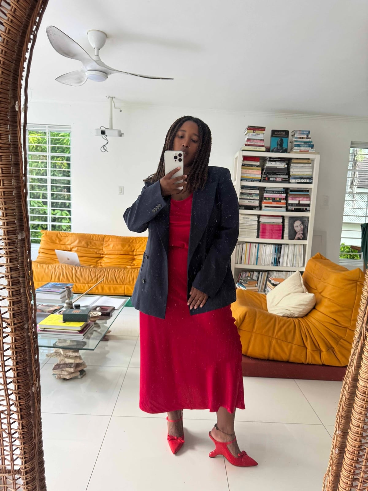 Navy Blazer Over Red Midi Slip Dress — Conference Outfits