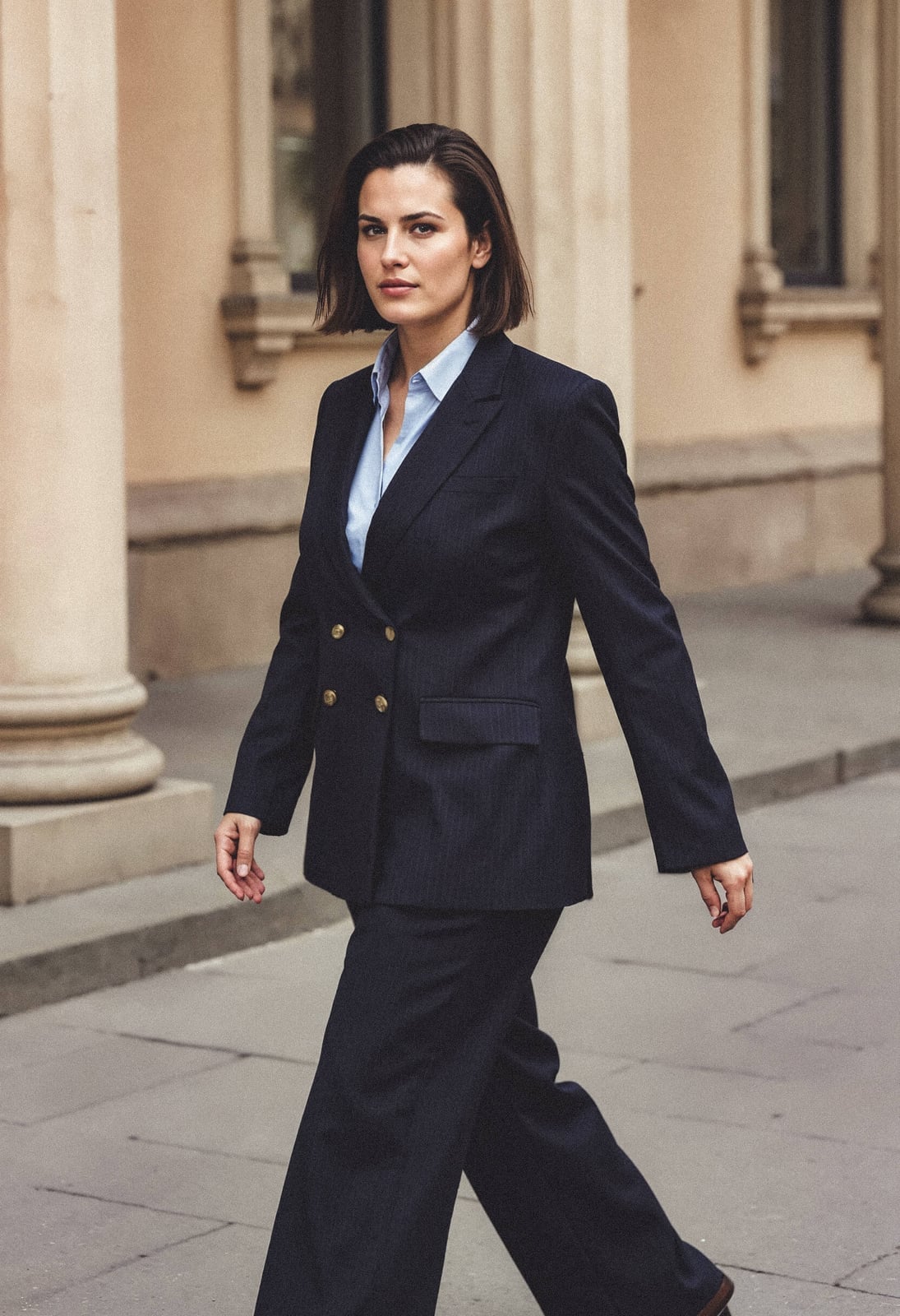Navy Pinstripe Double-Breasted Blazer Suit — Conference Outfits