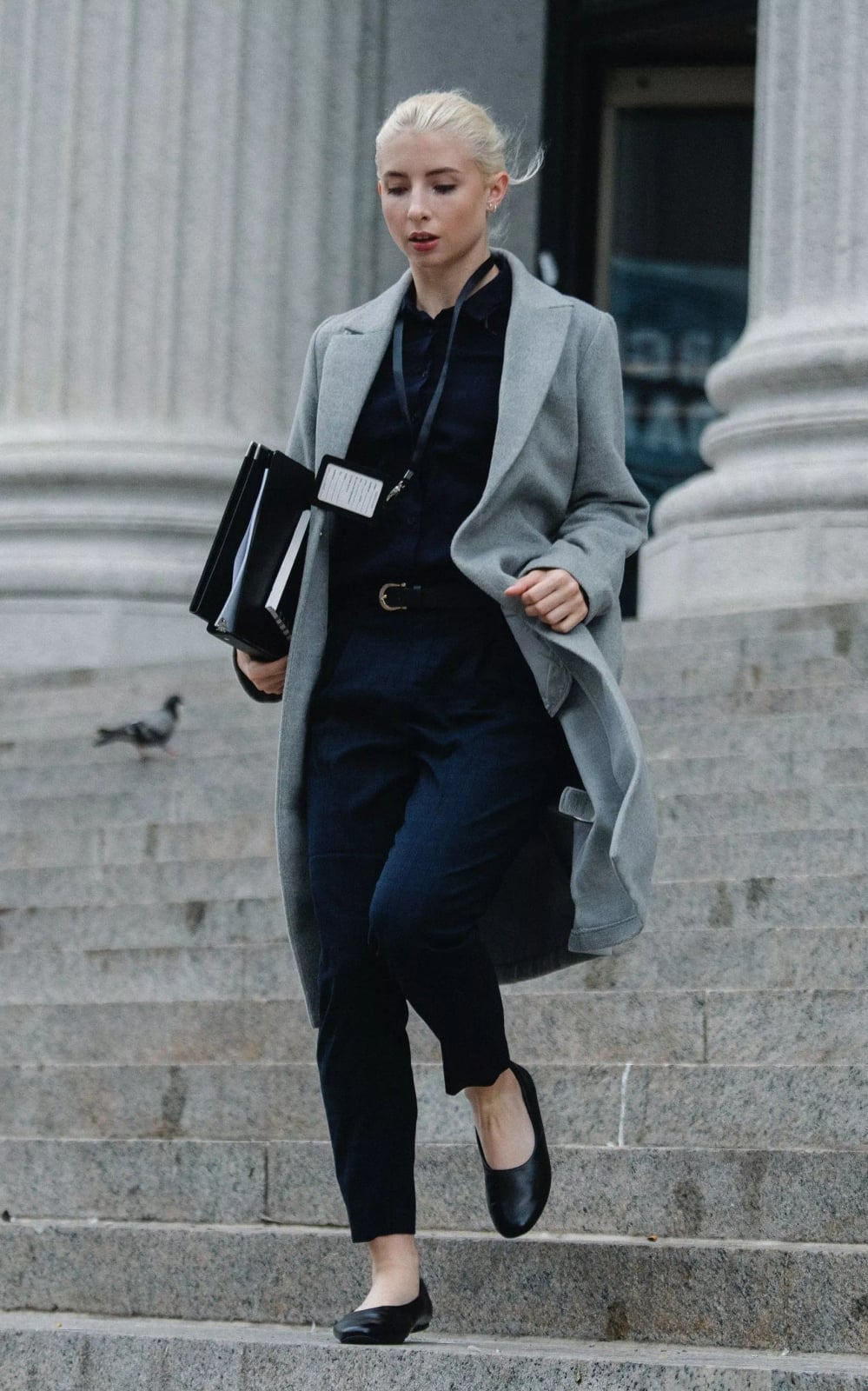 Gray Long Coat Over Navy Shirt and Black Trousers — Conference Outfits